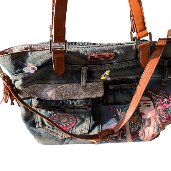 Nicole Lee Blue Artistic Denim Tote with Brown Handles